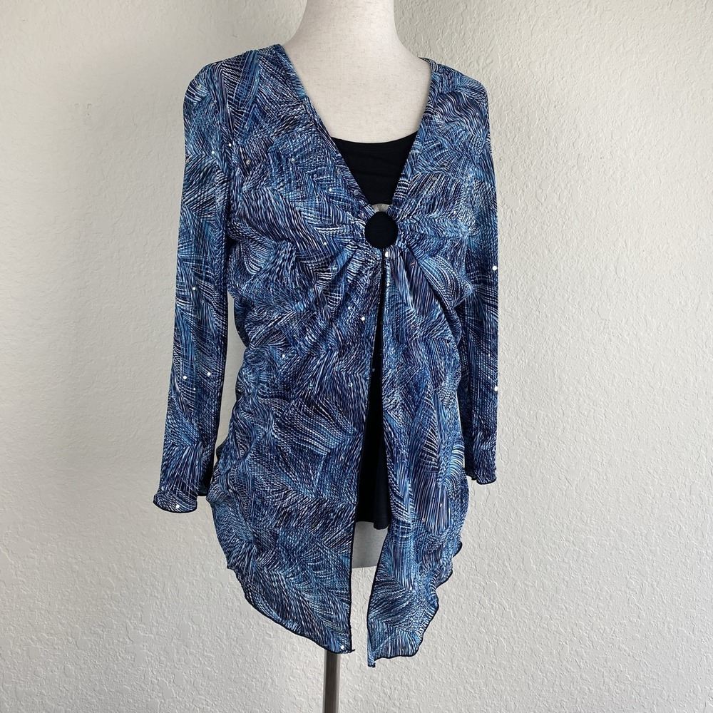 Y2k Brittany Black L Blouse Sparkle Blue Glitter Stretchy Fairy 3/4 Sleeve